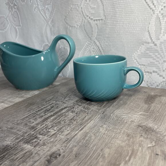 Mervyns Japan Gravy Boat Dish Teal Blue & Small Cup Mug Vintage - Picture 13 of 16